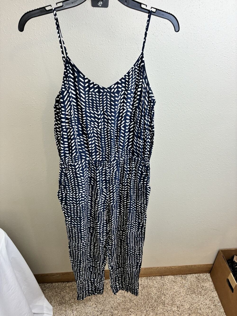 Loft Womens Jumpsuit Small Blue White Spaghetti Strap Pockets Rayon